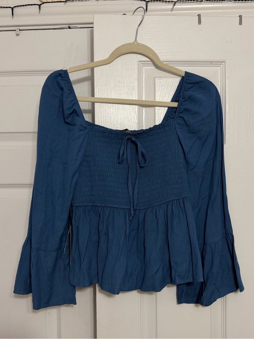 Blue Smocked Square-Neck Blouse with Tie